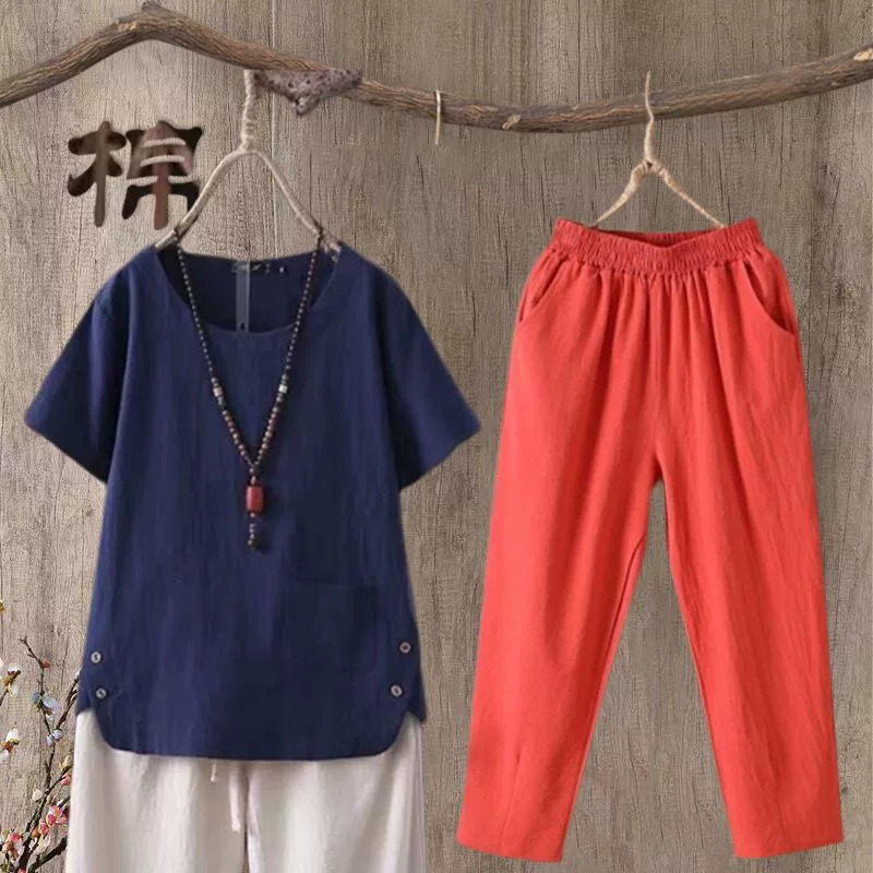 2024 Модная хлопковая и льняная футболка, укороченные брюки, женские летние, Новые повседневные художественные ретро-Стили больших размеров, мода с короткими рукавами