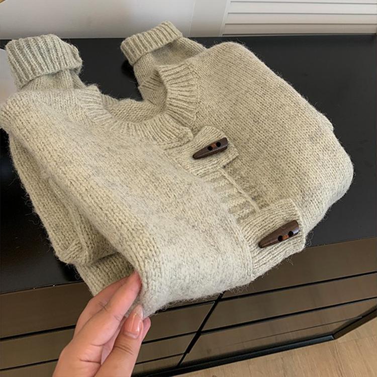 牛角扣灰色粗针麻花针织开衫外套女士加厚软糯毛衣慵懒感上衣