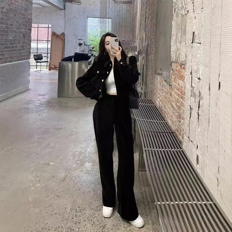 Corduroy Suit for Women 2024 Autumn and Winter New Fashion Elegant Socialite Polo Collar Jacket Wide Leg Pants Two-Piece Set