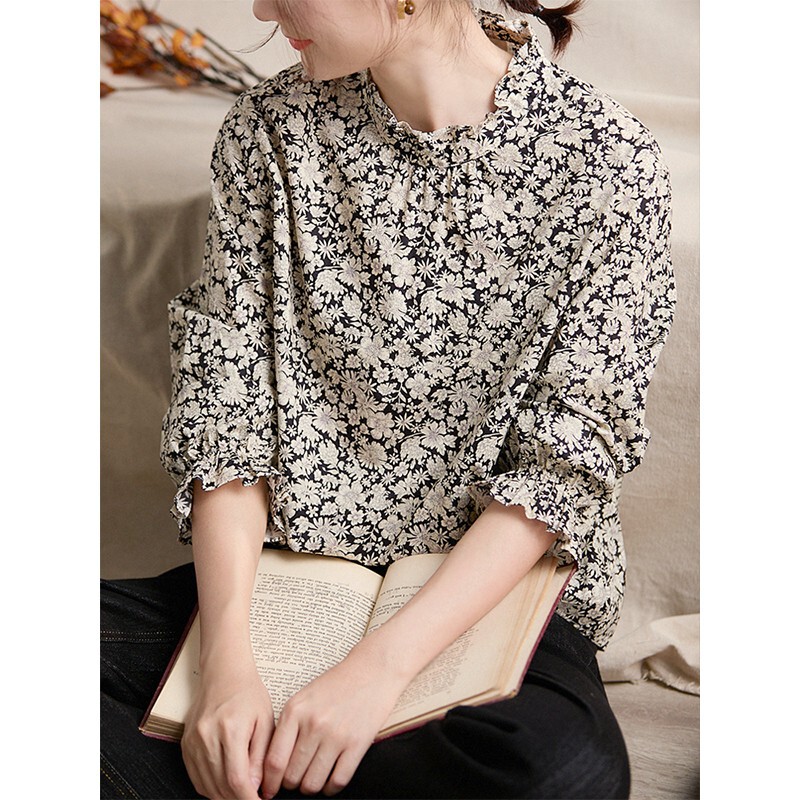Gjcp High-Density Long-Staple Cotton Artistic Lace Collar Cotton Floral Shirt Retro Printed Loose Bottoming Top for Women