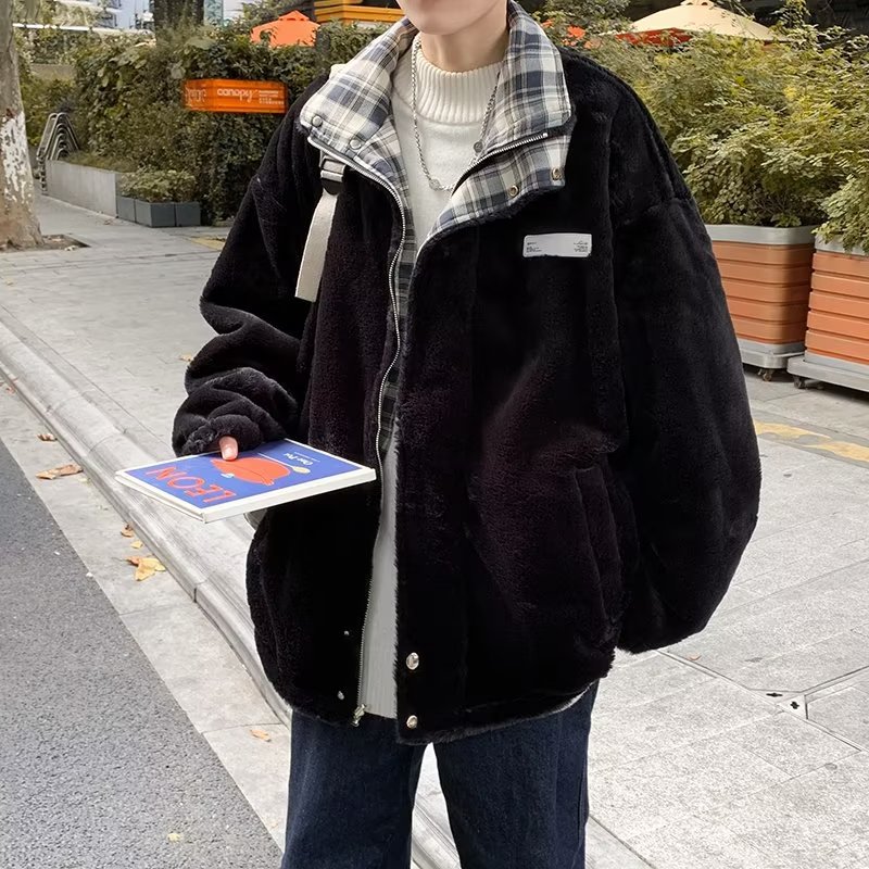 Nueva chaqueta acolchada con costuras de lana de cordero de invierno, chaqueta acolchada con cuello alto de estilo coreano, chaqueta acolchada de pan grueso, chaqueta acolchada de algodón, hombre