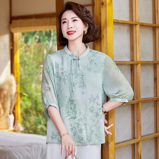 Mother's Summer New Chinese Style Seven-point Sleeve Chiffon Shirt New Style Middle-aged Mother-in-law Summer National Style plus size Short Sleeve