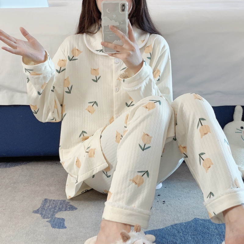 Lindo dibujos animados pijama impreso Otoño e Invierno pijamas de manga larga de las mujeres de aire sándwich cardigan traje de homewear de la niña