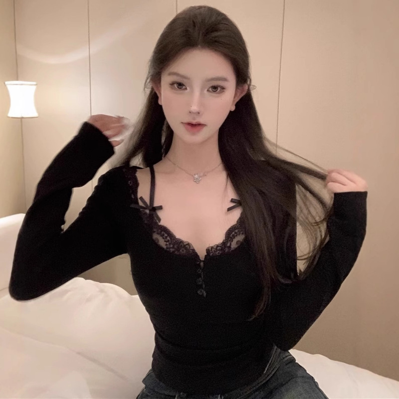 Pure Lust Style Lace Suspbottomer Fake Two-Piece German Velvet Bottoming Shirt for Women Autumn and Winter Brushed Thickeneded Sweet and Spicy Slim Short Top