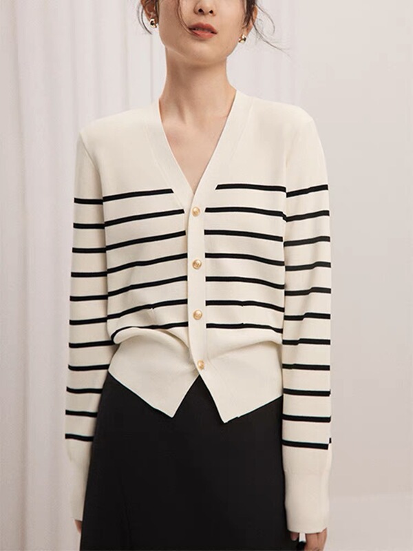 French style high-grade black and white striped V-neck knitted cardigan women's spring and autumn shoulder slimming thin sweater coat top
