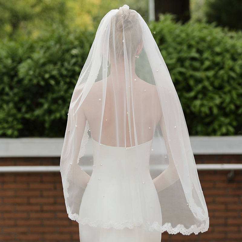 V1733新娘结婚蕾丝密钉珠缝发梳新娘拍照结婚中长腰部1米面头纱|undefined