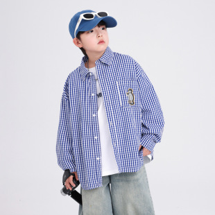 Boys Spring & Fall Pure Cotton Long-Sleeved Blue Plaid Shirt 2025 New Big Kidsren's Tops Kidsren's Autumn Shirts and Jackets