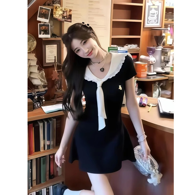 法式温柔甜美学院风海军领连衣裙女夏季新款收腰显瘦气质蓬蓬短裙|undefined