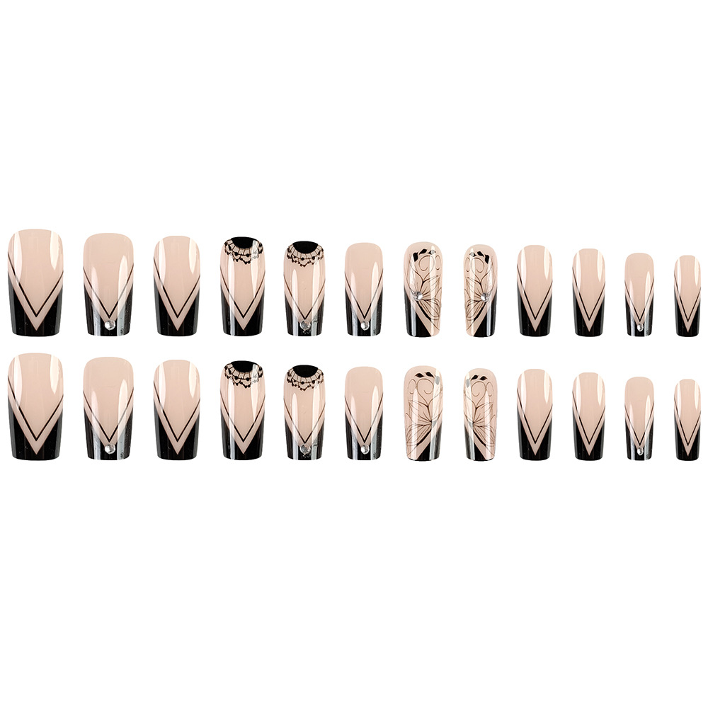 Ropa de uñas de venta caliente larga de comercio exterior, patrón francés geométrico negro, uñas de diamantes, uñas postizas europeas y americanas