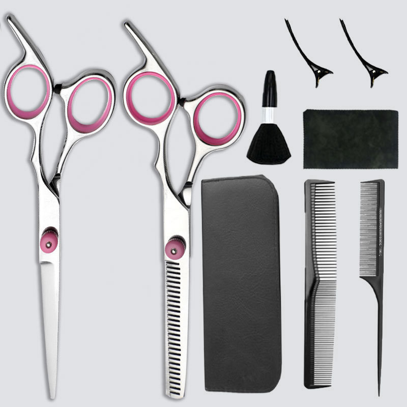 Los fabricantes venden tijeras de corte de pelo de acero inoxidable, corte, corte, corte de dientes planos, juego de adelgazamiento de rango medio, práctico hecho a mano
