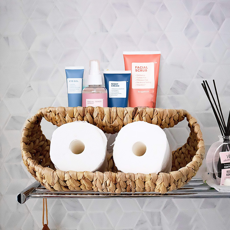 inswind mano de paja de doble capa cesta de frutas calabaza de agua tejida sala de estar baño artículos de baño estante