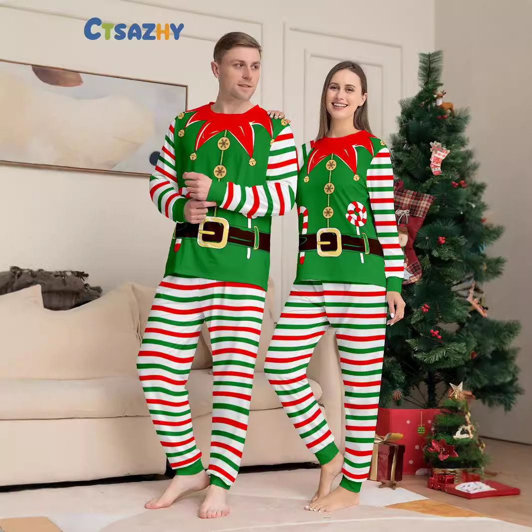 Christmas Candy cane button striped Christmas family suit printed home dress pajamas_viptrois.com