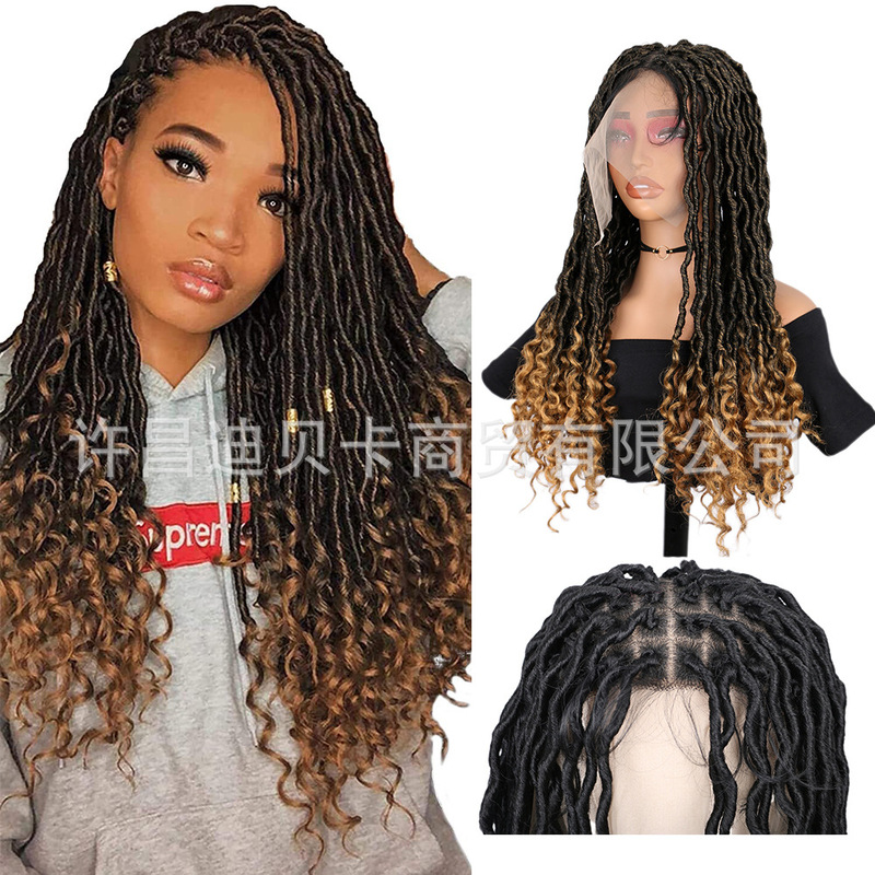 African wig chemical fiber semi-lace headgear curved up and down hollow roll Faux Locs Curly End wigs