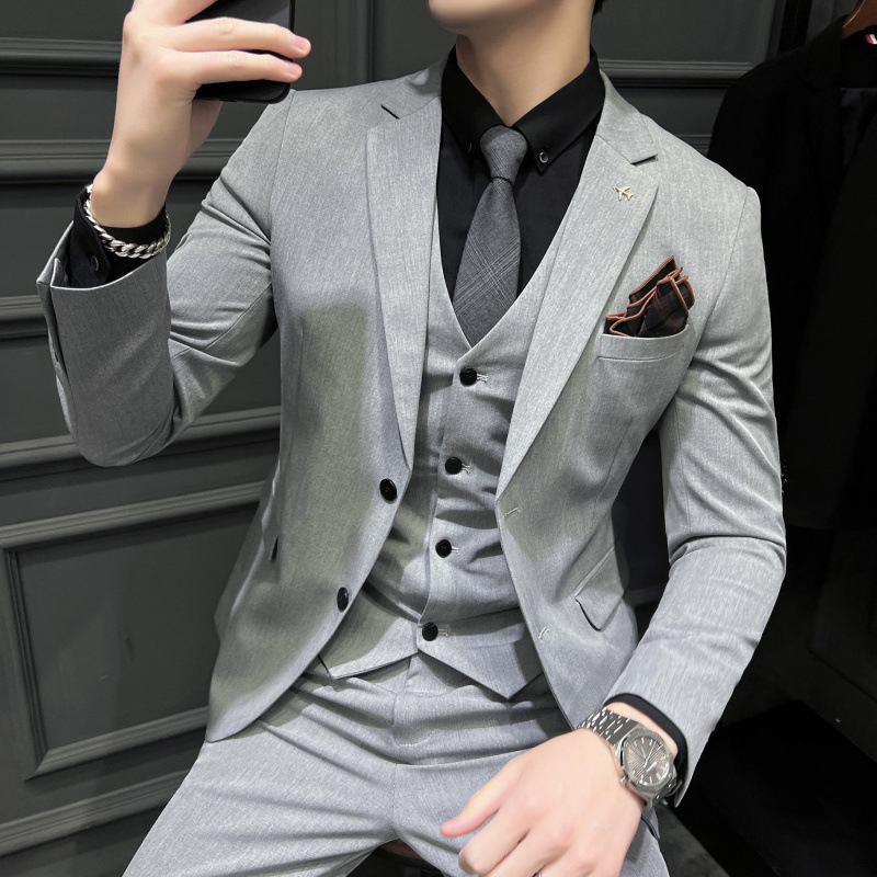 Spring new men's three-piece suit solid color business formal wear Korean style slim fit casual work men's suit men's