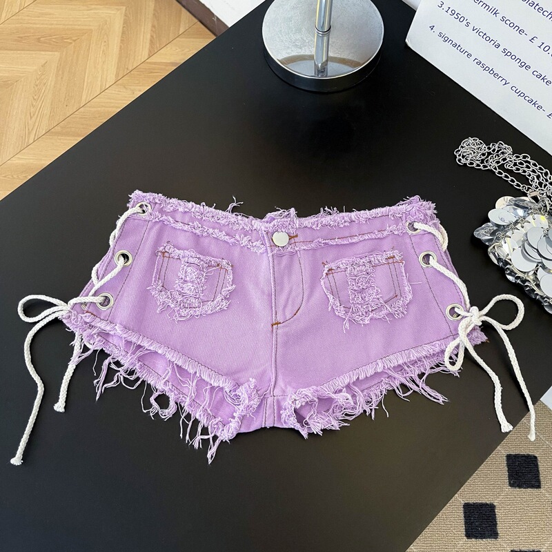 LC806 real shot~Purple sexy lace-up side cutout denim ultra-short shorts for women with a frayed hem and A-line design LC806 real shot~Purple sexy lace-up side cutout denim ultra-short shorts for women with a frayed hem and A-line design