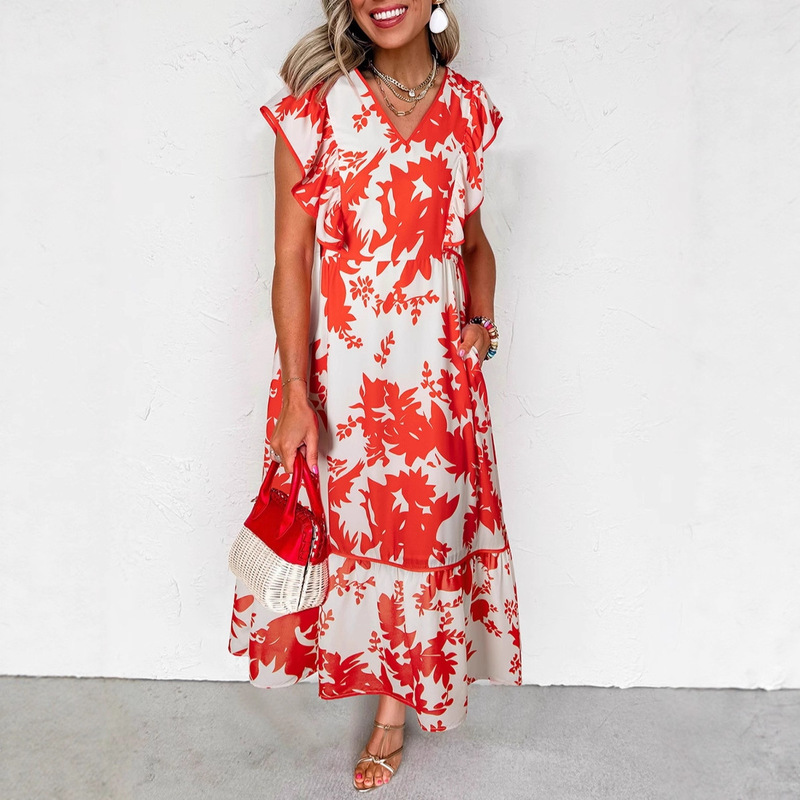 Shiying European and American Cross-Border Bomiya Style Printed Long Skirt Summer New V Neck Cap Shoulder Sleeve Dress for Women Shiying European and American Cross-Border Bomiya Style Printed Long Skirt Summer New V Neck Cap Shoulder Sleeve Dress for Women