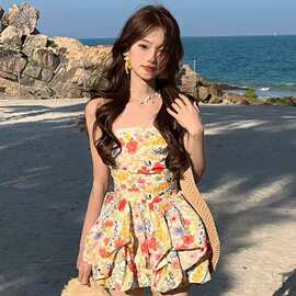原版做法有内里法式甜美碎花吊带海边度假蕾丝拼接收腰花苞短裙女