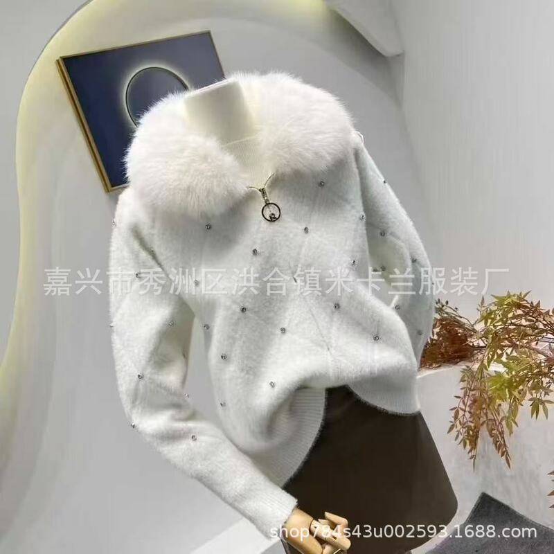 2025 New Style Diamond-Encrusted Eco-Friendly Fur Collar Fashionable Versatile Zipper Autumn and Winter Women's Fur Outwear Knitted Cardigan 2025 New Style Diamond-Encrusted Eco-Friendly Fur Collar Fashionable Versatile Zipper Autumn and Winter Women's Fur Outwear Knitted Cardigan
