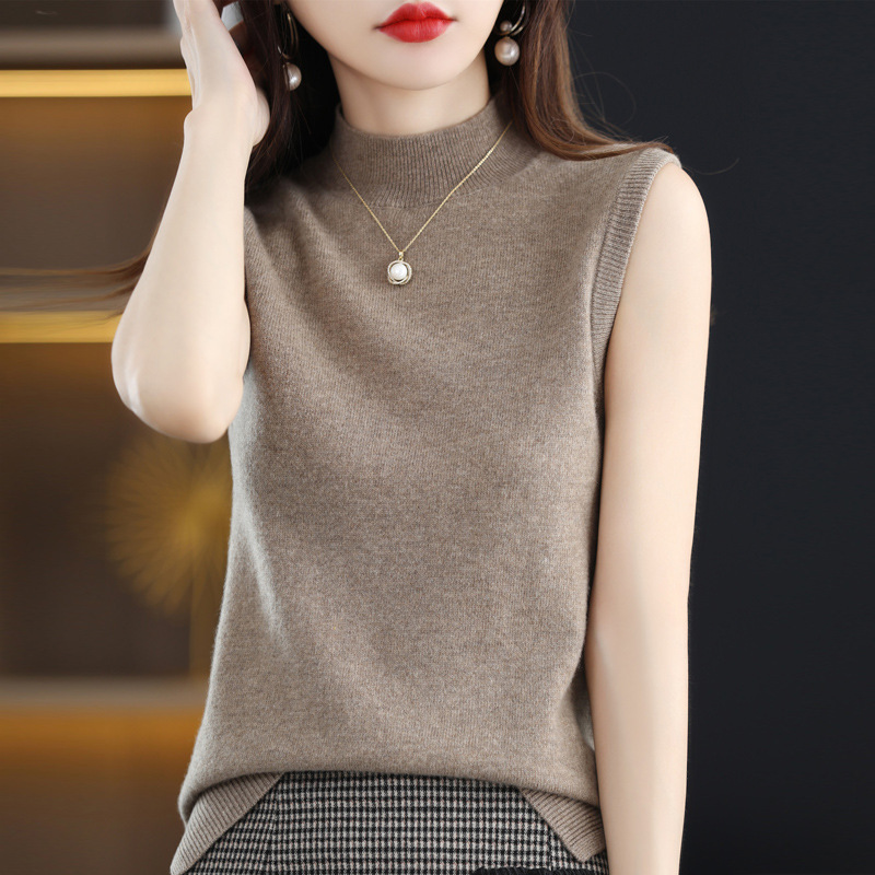 Early autumn 100 woolen sweater women's sleeveless pullover cashmere sweater half turtleneck sweater loose outer vest inner wear