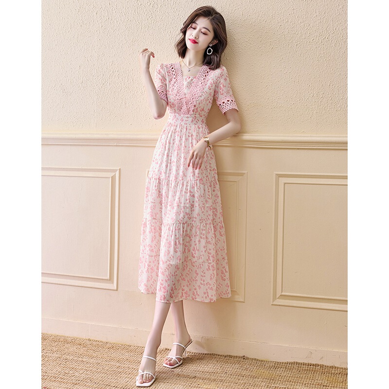 High-End Floral Dress, Designer Waist-Slimming Elegant Long Dress, Fairy-Style 2023 Summer New French Chiffon Dress Trend