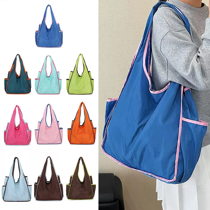 抖音爆款购物袋撞色可折叠手提式单肩买菜包环保袋涤纶防水托特包