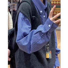 少年感蓝色格子衬衫叠穿内搭日系复古上衣长袖打底衬衣外套男女款