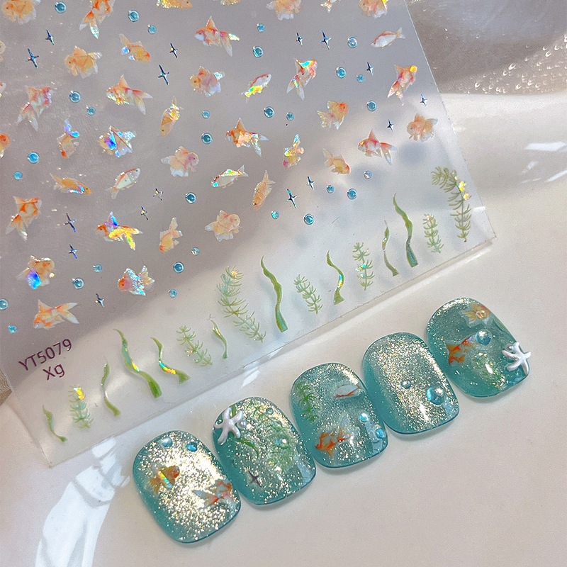 Nail Art Stickers Summer Refreshing Ocean Symphony Little Goldfish Bubble Green Seaweed Laser Four-Pointed Star Nail Stickers