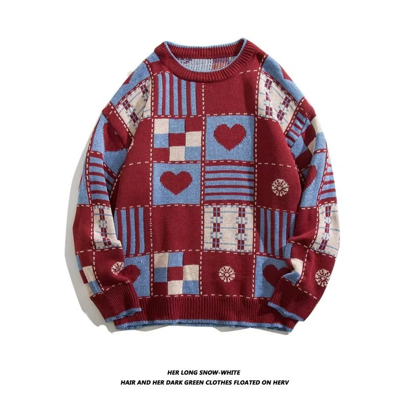 Men's Retro Plaid Heart Pattern Crew Neck Sweater For Men_voghion.com