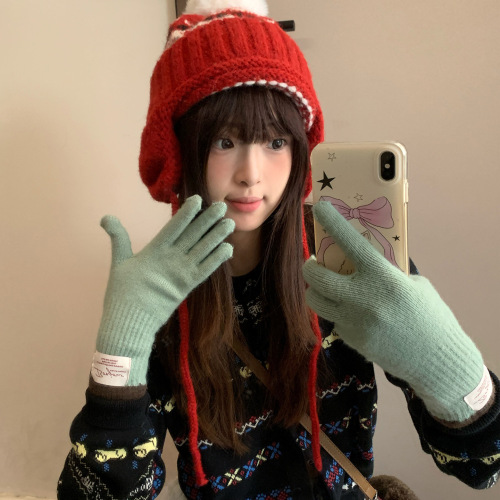 Touchscreen Color-blocked Knitted Gloves for Women - New Fall/Winter Style, Warm and Windproof, Riding and Outdoor Split-Finger Gloves - Trendy