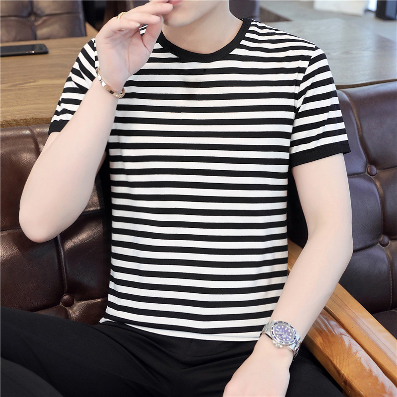 E-commerce direct supply summer short sleeve men's navy shirt plus size t-shirt casual Joker striped sea soul shirt a generation of hair