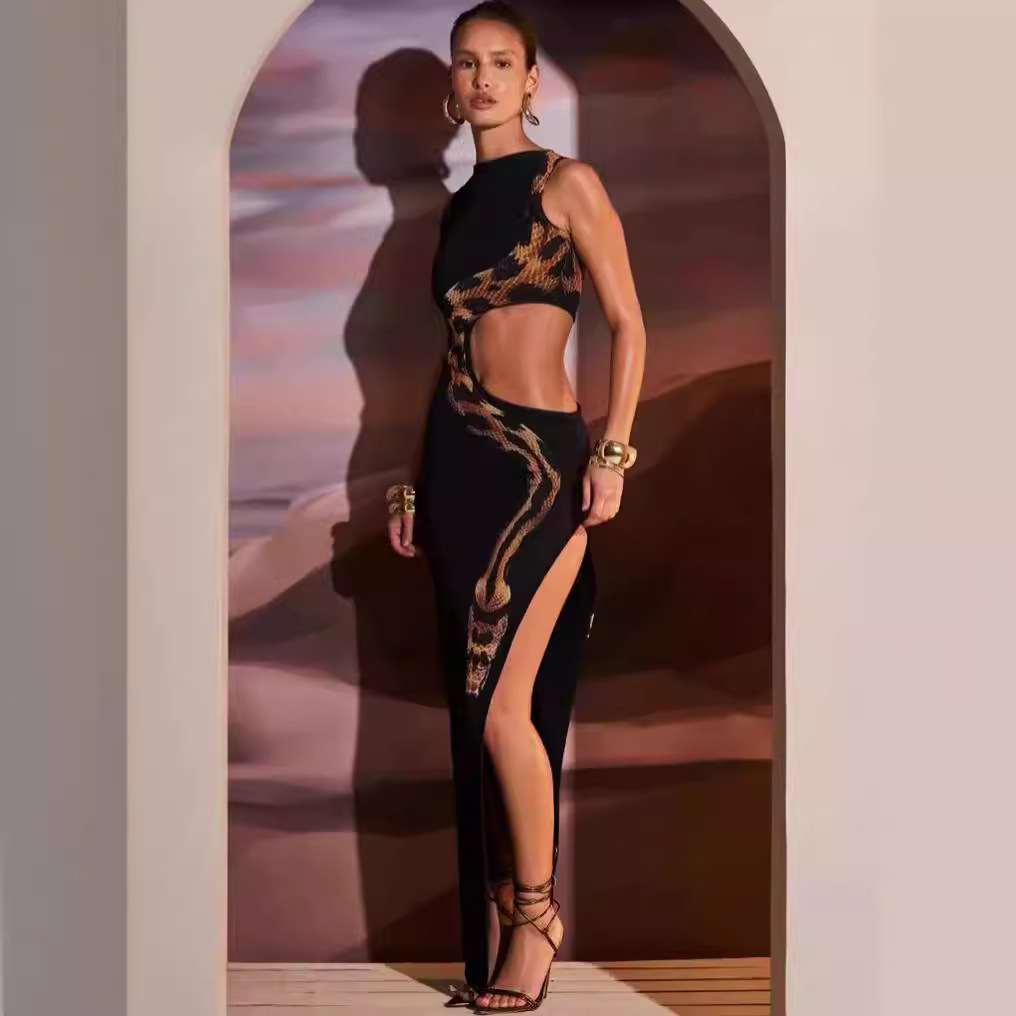 Women's Clothing Summer Women's Animal Print Dress Style Side Waist Hollow Out Slim Fit Long Skirt With Slit_ecoleips.com