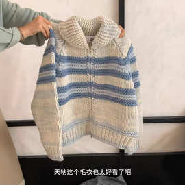 韩国东大门秋冬新款条纹撞色粗针宽松毛衣时尚外套女款羊毛针织衫