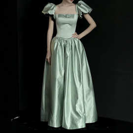 法式晚礼服女缎面演出气质简约钢琴合唱主持人宴会泡泡袖连衣裙子