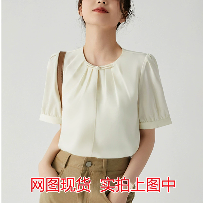 2024 летний новый белый новый китайский стиль с короткими рукавами рубашка женский летний дизайн плиссированный ретро-пряжка шифоновая рубашка