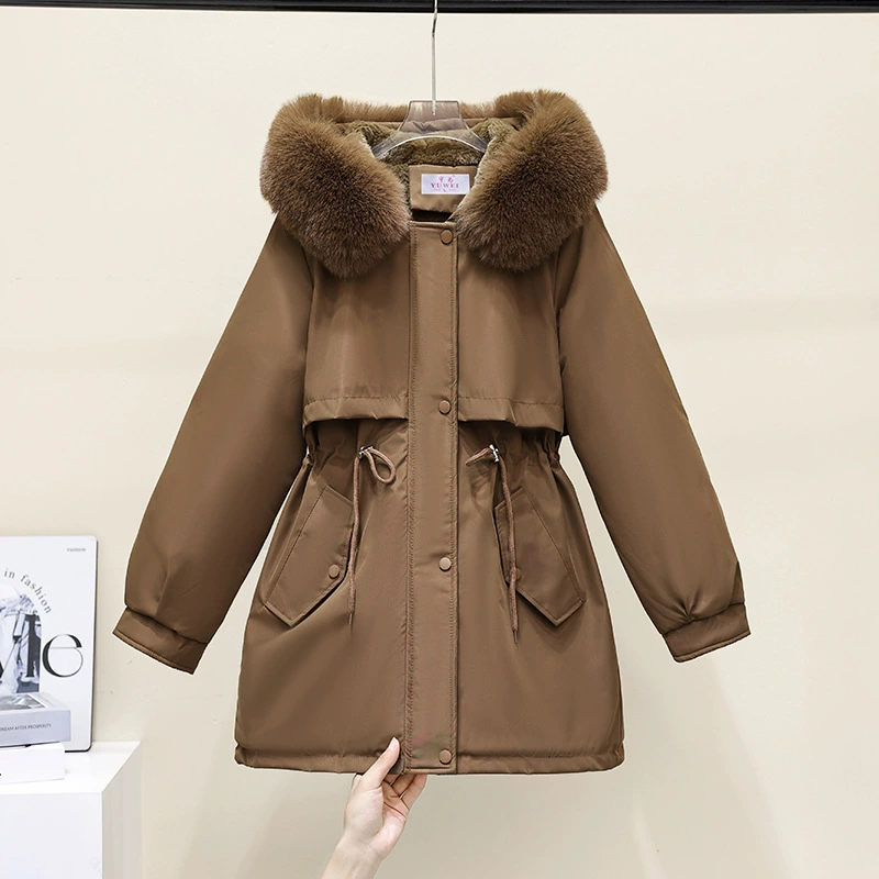 Fleece long warm down jacket, mid-length, slim fit