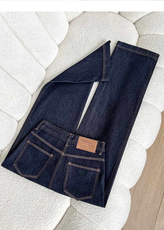 Quần jean ống rộng nữ eo cao màu xanh đậm form suông dài — Deep Blue 9 điểm, Màu xanh đậm kéo dài, Thông thường Deep Blue, Màu xanh đậm, chín điểm chi tiết 5