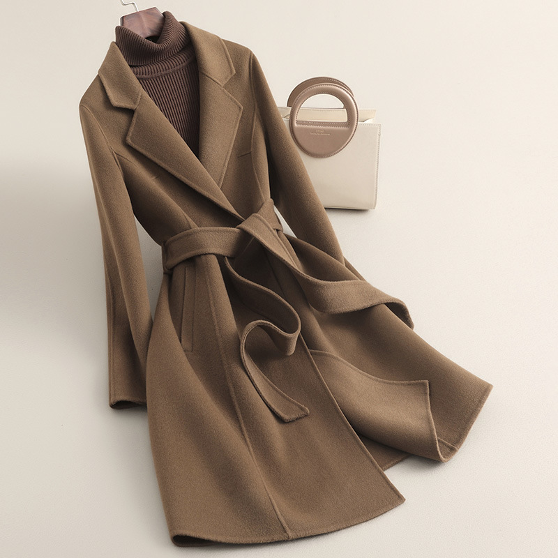 春の新作ハイエンド小柄コート女性用ミドル丈両面ゼロカシミアウエストウールウールコート女性用