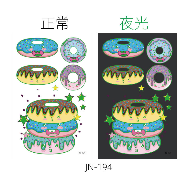Respetuoso del medio ambiente impermeable de larga duración luminoso lindo donut niños tatuaje pegatinas luminoso postre fantasía tatuaje pegatinas
