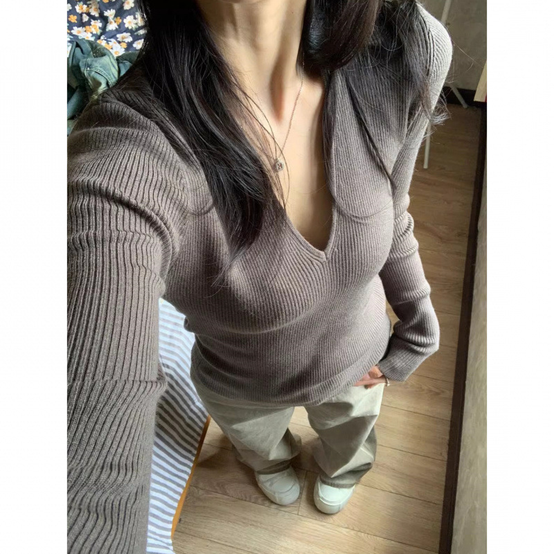 優しいスタイルのソリッドカラーカラーセーター女性のための秋の新しいスリムフィット長袖ボトムセーター|undefined