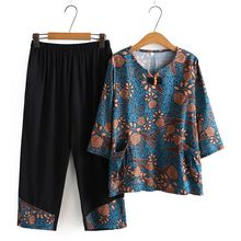 奶奶夏装中袖套装中老年女恤老人上衣服妈妈仿棉麻老太太两件套