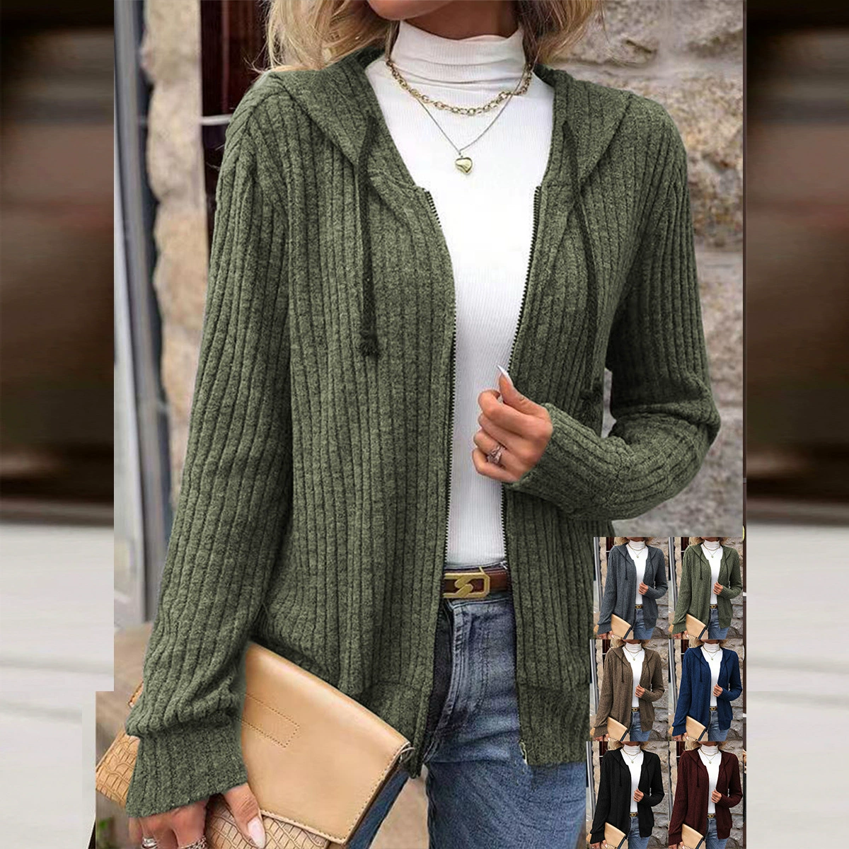 Европейский и американский трансграничный весенний и летний новый полосатый повседневный свитер свободный свитер на молнии кардиган с длинными рукавами свитер с капюшоном женский