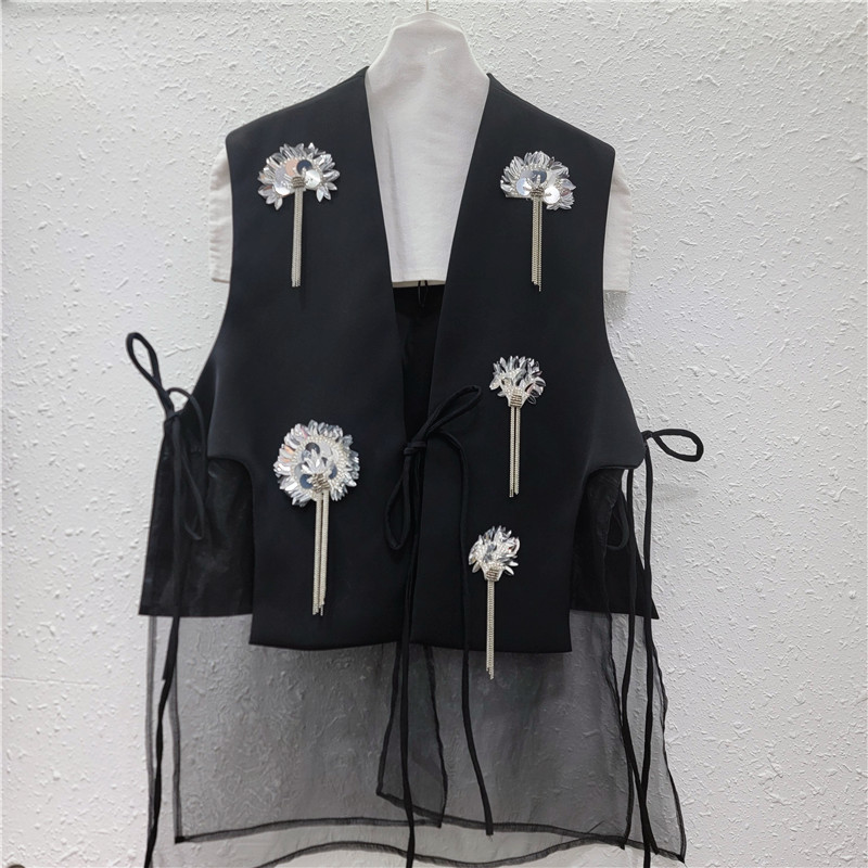 Traje negro chaleco de mujer 2026 nuevo chaqueta de pañuelo chaqueta de caballo empalmado ogan plegable sin mangas