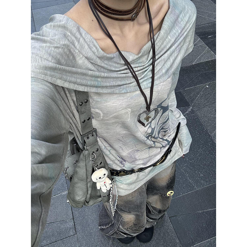 废土风印花深卡其色翻领连帽卫衣女春秋季小众复古设计感显瘦上衣|undefined