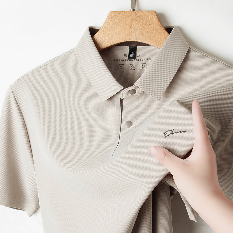 Tiktok Trending Summer Turn-Down Collar Short-Sleeve T-Shirt for Men, Solid Color Seamless Casual Ice Silk Short-Sleeve Polo Shirt