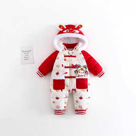 婴儿冬季衣服宝宝过年连体衣喜庆可爱新生儿保暖拜年服
