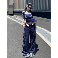 超火アメリカンスポーツスーツ女性夏新作ギャルスリムスリム半袖tシャツカジュアル長ズボン2点セット