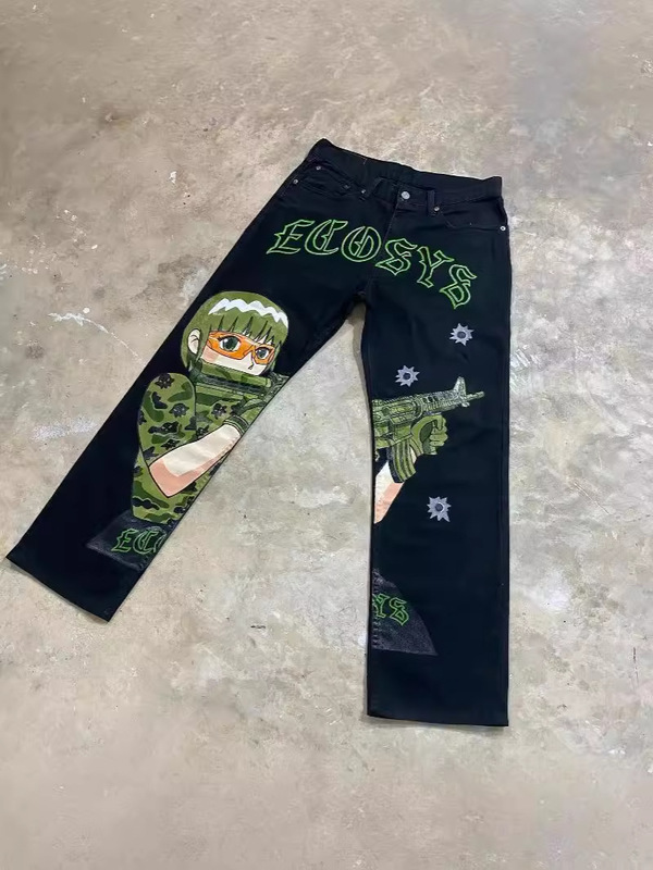Hip Hop Animation Graphic Loose Jeans Gun Girl Print Jeans HarajuKu Denim Y2K Pants Men