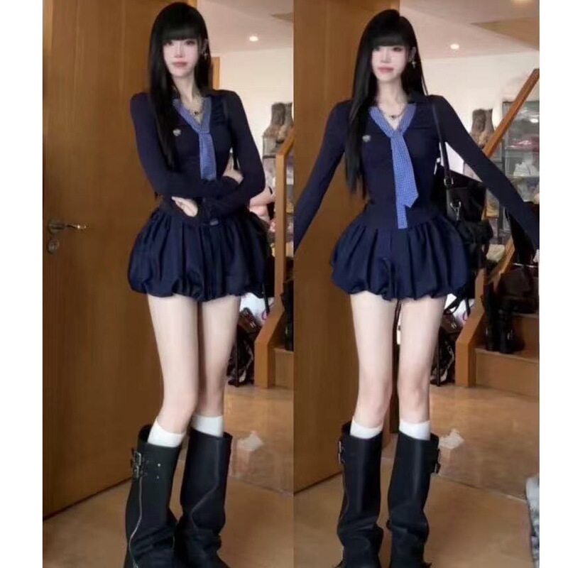 Korean Preppy Style Patterned Tie Long-Sleeved Top Women's New Early Autumn Fluffy Bud Skirt Student Two-Piece Set
