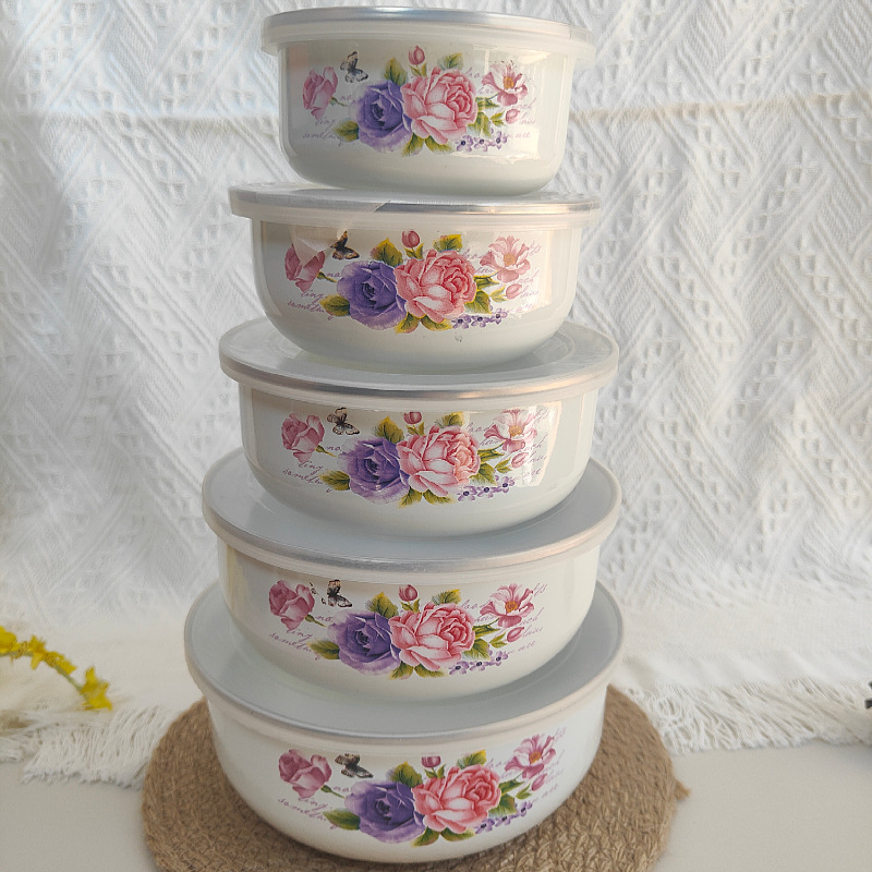 Esmalte de esmalte con tapa hogar fresco mezclado ensalada frutero refrigerador almacenamiento apilable 5 piezas tazón de arroz tazón de sopa