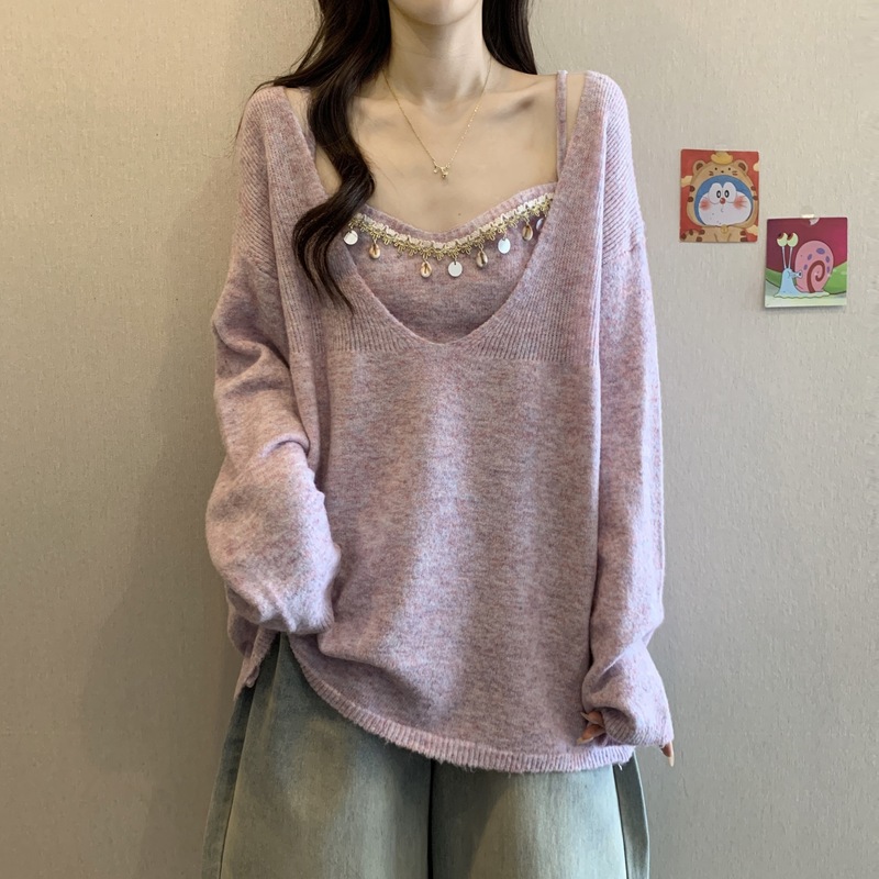 大码慵懒风软糯针织吊带上衣女新款秋冬遮肉显瘦毛衣两件套装|undefined